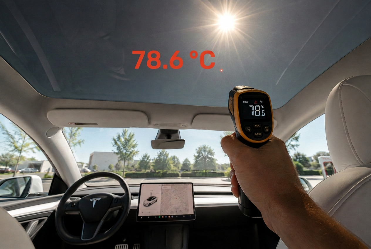 Mesure de la température de surface du toit panoramique Tesla : 78,6 °C